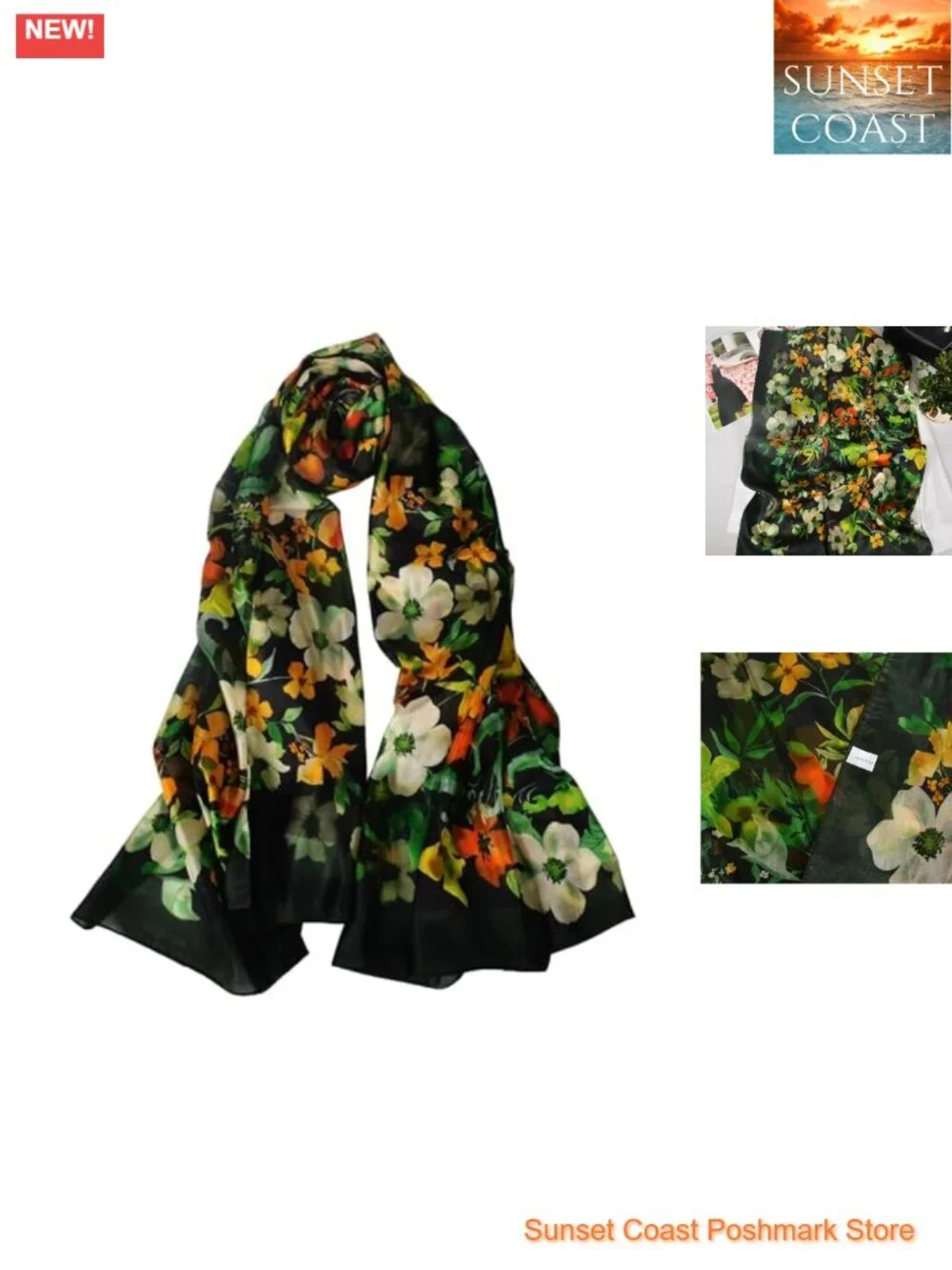 100% Mulberry Silk Scarf 69x43 Floral Long Shawl Wraps Office Wear Travel Photo
